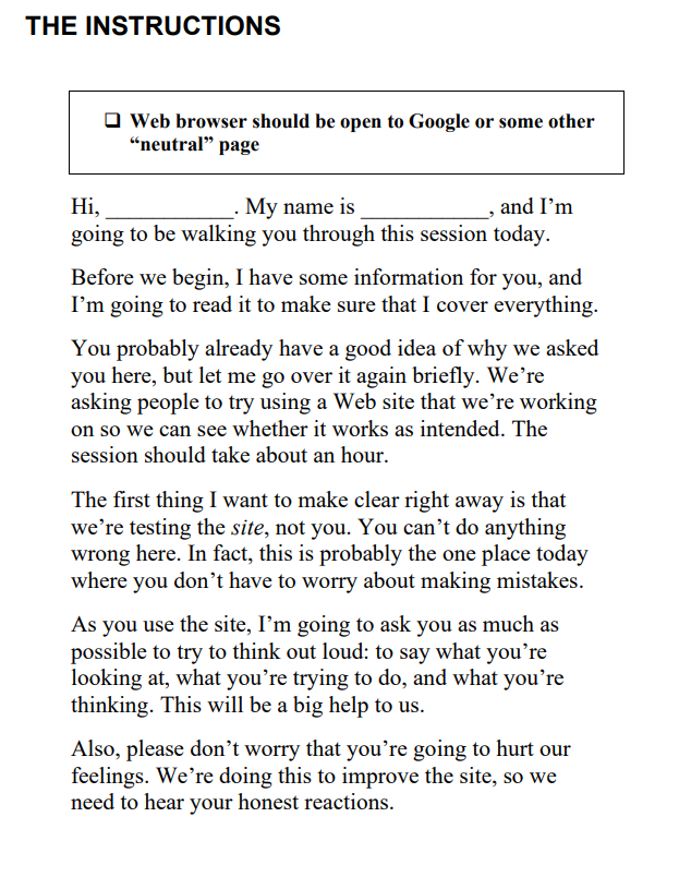 A screenshot of instructions for the user testing